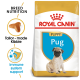 Royal Canin Puppy Pug dog food bag featuring a pug puppy, with text highlighting breed nutrition, tailor-made kibble, and immune system support.