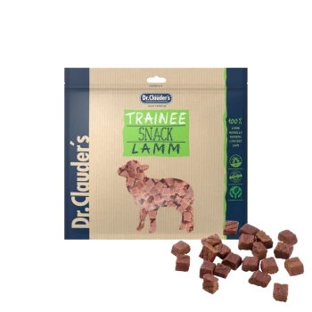 Dr. Clauder's Trainee Snack Lamm Haustierleckerei-Verpackung mit einer Silhouette eines Lamms aus Snackstücken, mit dem Text "100% Lamm."