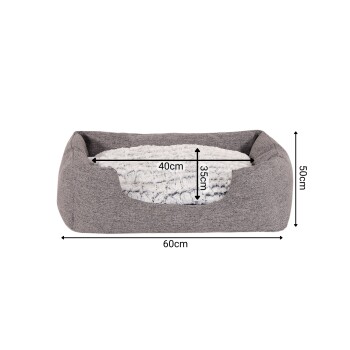 Graues Haustierbett mit einem weichen weißen Innenraum, misst 60 cm x 50 cm x 40 cm, mit Abmessungen, die auf dem Bild beschriftet sind.