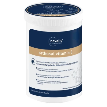 Behälter mit Navalis Orthosal Vitamin E, einem Nahrungsergänzungsmittel für Pferde und Equiden, mit mehrsprachigem Text, der seinen Zweck und seine Verwendung beschreibt.