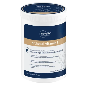 Behälter mit Navalis Orthosal Vitamin E, einem Nahrungsergänzungsmittel für Pferde und Equiden, mit mehrsprachigem Text, der seinen Zweck und seine Verwendung beschreibt.