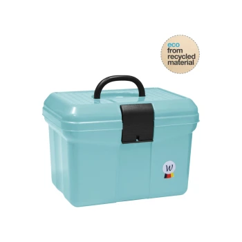 Waldhausen Putzbox Eco türkis Helle blaue Aufbewahrungsbox mit einem schwarzen Griff, Verschluss, "W"-Logo, kleiner deutscher Flagge und umweltfreundlichem Etikett aus recycelten Materialien.
