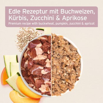 Premium Haustierfutter: eine Schüssel mit rohem Fleisch links und einer gekochten Mischung mit Buchweizen, Kürbis, Zucchini und Aprikose rechts.