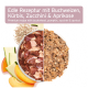 Premium Haustierfutter: eine Schüssel mit rohem Fleisch links und einer gekochten Mischung mit Buchweizen, Kürbis, Zucchini und Aprikose rechts.