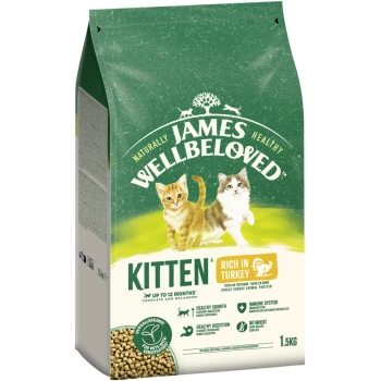 Eine 1,5 kg Tasche mit James Wellbeloved Kittenfutter mit verspielten Kätzchen, mit den Aufschriften "Reich an Truthahn", "Gesunde Entwicklung" und "Kein Weizen."