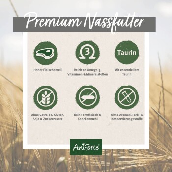 Anzeige für Premium-Haustierfutter mit den wichtigsten Vorteilen: hoher Fleischgehalt, reich an Omega-3, Vitaminen, Mineralien und essentieller Taurin.