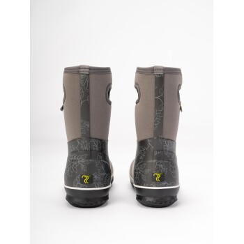 Graue wasserdichte Haustierstiefel mit floralem Design, die die Rückansicht zeigen und ein Logo auf der Sohle haben.