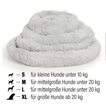 Ein spiralförmiges graues Hundebett mit Größenoptionen: S (unter 10 kg), M (unter 20 kg), L (unter 20 kg), XL (über 20 kg).