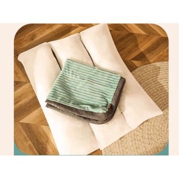 Ein gemütliches Haustierbett mit einer weichen, gestreiften mintgrünen Decke auf einem plüschigen weißen Kissen, auf einem Holzboden platziert.