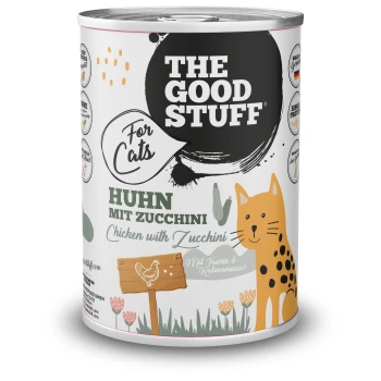 Dose THE GOOD STUFF Katzenfutter, Huhn mit Zucchini, orange gepunktete Katzenillustration.