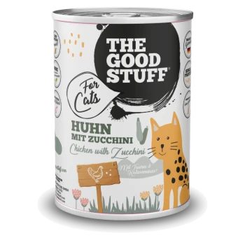 Dose THE GOOD STUFF Katzenfutter, Huhn mit Zucchini, orange gepunktete Katzenillustration.