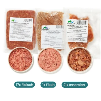 Bild von Tierfutterpaketen, einschließlich drei vakuumverpackten Fleischprodukten und Schalen mit rohem Fleisch, beschriftet mit "17x Fleisch, 1x Fisch, 21x Innereien."