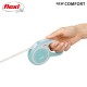 A hand holding a light blue Flexi retractable dog leash with a white cord, featuring the text "NEW COMFORT" at the top.