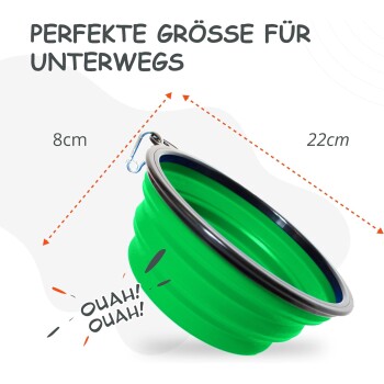 Grüne zusammenklappbare Futterschale für Haustiere mit Karabiner, 8 cm Höhe und 22 cm Durchmesser, Text „Perfekte Größe für unterwegs“ und „Ouah! Ouah!“