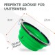 Grüne zusammenklappbare Futterschale für Haustiere mit Karabiner, 8 cm Höhe und 22 cm Durchmesser, Text „Perfekte Größe für unterwegs“ und „Ouah! Ouah!“