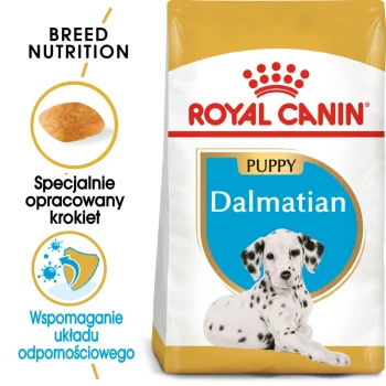 Torba z karmą Royal Canin dla szczeniąt dalmatyńczyków z ilustracją szczeniaka dalmatyńczyka, z tekstem podkreślającym odżywianie rasy i wsparcie odporności.