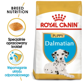 Torba z karmą Royal Canin dla szczeniąt dalmatyńczyków z ilustracją szczeniaka dalmatyńczyka, z tekstem podkreślającym odżywianie rasy i wsparcie odporności.