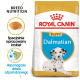 Torba z karmą Royal Canin dla szczeniąt dalmatyńczyków z ilustracją szczeniaka dalmatyńczyka, z tekstem podkreślającym odżywianie rasy i wsparcie odporności.