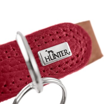 Nahaufnahme eines roten Hundehalsbands mit einer silbernen 'HUNTER'-Logo-Plakette und einem Metall-D-Ring zur Leinenbefestigung.