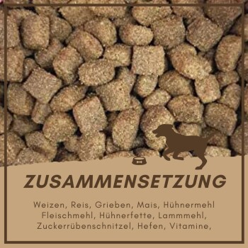 Beagle-Hund, der aus einer grünen Schüssel frisst, Nahaufnahme von braunen Hundefutterpellets und dem Markennamen Supravit.