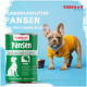 Grüne Dosen Supravit Pansen Hundefutter mit braunem Hund und deutschem Text, der natürliche, getreidefreie und vitaminreiche Eigenschaften hervorhebt.