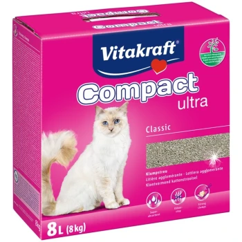 Vitakraft Compact Ultra Katzenstreu Verpackung mit einer flauschigen weißen Katze, rosa Hintergrund und Hervorhebungen der superabsorbierenden, geruchsstopfenden Eigenschaften.