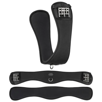 Schwarzes Pferdegurt-Set mit gepolstertem Design, Metall-Schnallen und einem zentralen D-Ring zur Befestigung.