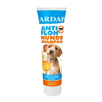 Tube mit ARDAP Anti-Floh-Hundeshampoo, mit einem niedlichen Hund auf dem Etikett, mit Text, der seine Wirksamkeit und ein Volumen von 250 ml hervorhebt.