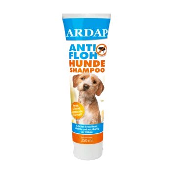 Tube mit ARDAP Anti-Floh-Hundeshampoo, mit einem niedlichen Hund auf dem Etikett, mit Text, der seine Wirksamkeit und ein Volumen von 250 ml hervorhebt.