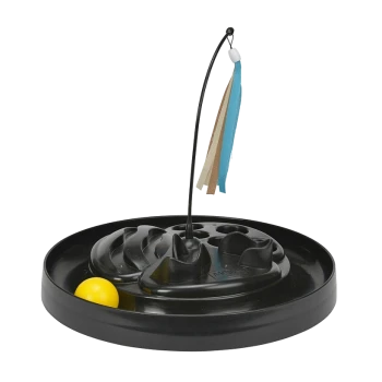 Interaktives Katzenspielzeug mit einem schwarzen Sockel und einem gelben Ball sowie einem flexiblen Stab, der bunte Bänder zum Spielen hält.