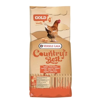 Country's Best Gold 4 Mash 20 kg Een zak Versele-Laga Country's Best Gold 4 mash voor legkippen, met een hen en twee eieren op de voorkant, met een rustiek ontwerp.