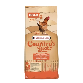 Un sac de mash Versele-Laga Country's Best Gold 4 pour poules pondeuses, avec une poule et deux œufs sur le devant, avec un design rustique.