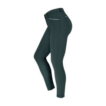 Dunkelgrüne Reitleggings mit hohem Bund, mit strukturiertem Kniegriff und reflektierenden Details.