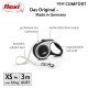 Flexi-Hundeleine in Schwarz und Weiß, gekennzeichnet mit 'NEUER KOMFORT', mit ergonomischem Griff, robustem Riemen und einer Länge von 3 m für Hunde bis 12 kg.