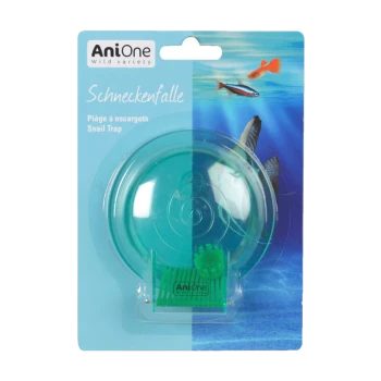 A teal snail trap packaged with a blue aquatic background featuring fish, labeled "Schneckenfalle" and "Snail Trap" by AniOne.