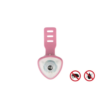 Rosa Floh- und Zeckenschutzclip für Haustiere mit Symbolen für keine Schädlinge auf weißem Hintergrund.