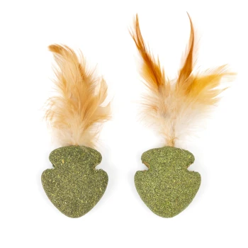 Zwei grüne Katzenminze-Spielzeuge in Pfeilform mit flauschigen orangen Federn oben, entworfen für das Spielen von Katzen.