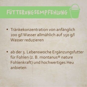 Fütterungsempfehlung: Tränke von 200 g/l Wasser auf 150 g/l reduzieren; ab der 3. Woche Ergänzungsfutter für Fohlen anbieten.