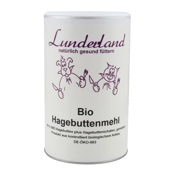 Behälter mit Lunderland Bio Hagebuttenmehl (Hagebuttenpulver) mit Illustrationen eines Hundes und einer Katze, die Utensilien halten, auf Deutsch beschriftet.