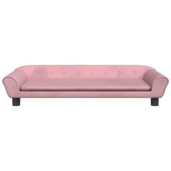Rosa Haustiersofa mit abgerundeten Armen und Knopfdetails, mit einem plüschigen Kissen und schwarzen Beinen, entworfen für kleine Hunde oder Katzen.