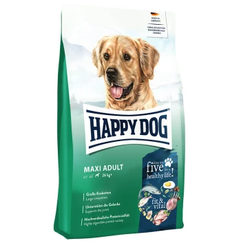 Hundefuttertüte mit der Aufschrift "HAPPY DOG MAXI ADULT 26 kg", mit einem Golden Retriever und Vorteilen wie Gelenkunterstützung und Verdaulichkeit.