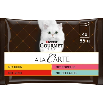 à la Carte 4x85g Rezepte des Küchenchefs Packung Purina Gourmet A La Carte Katzenfutter mit einer weißen Katze auf der Vorderseite, mit Geschmacksrichtungen: Huhn, Rind, Forelle und Kabeljau.