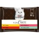 Paquet de nourriture pour chats Purina Gourmet A La Carte avec un chat blanc sur le devant, avec des saveurs : poulet, bœuf, truite et morue.