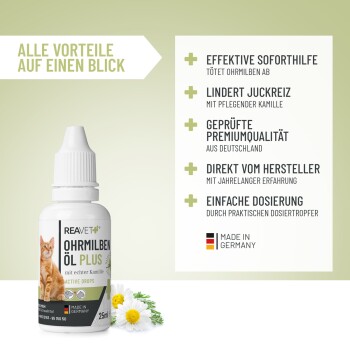 Flasche Reavet Ohrmilben Öl Plus für Haustiere, mit Kamille, mit Text, der Vorteile wie effektive Milbenelimination und einfache Dosierung hervorhebt.