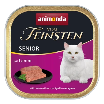 Dose Katzenfutter mit einer weißen Katze auf dem Etikett, die "animonda vom Feinsten SENIOR mit Lamm" und eine Portion Fleisch auf einem Teller zeigt.