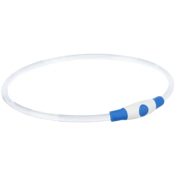Duidelijke huisdierhalsband met een blauwe en witte knop, ontworpen voor zichtbaarheid en veiligheid tijdens nachtelijke wandelingen.