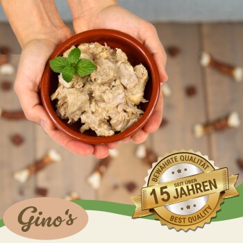 Eine Person hält eine Schüssel mit Haustierfutter, die mit einem Minzblatt garniert ist, mit einem Abzeichen, das "Beste Qualität" und "15 Jahre bewährte Qualität" von Gino's angibt.