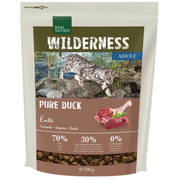WILDERNESS Trockenfutter Katze, Adult, Pure Duck 300 g Eine 'Wilderness Pure Duck' Haustierfuttertüte mit einer Katze an einem felsigen Ufer, die 300g mit 70% Ente und 30% Früchten und Gemüse enthält.