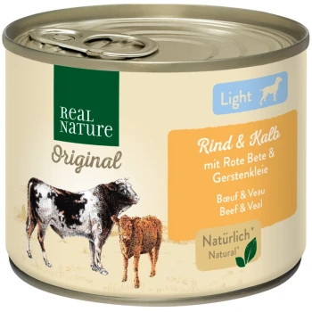 Boîte de nourriture pour animaux de compagnie Real Nature Original étiquetée "Light" contenant du bœuf et du veau avec betterave et orge.