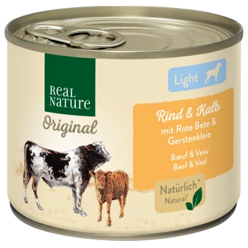 Dose mit Real Nature Original Haustierfutter, beschriftet mit "Light", das Rind- und Kalbfleisch mit Rote Beete und Gerste enthält.